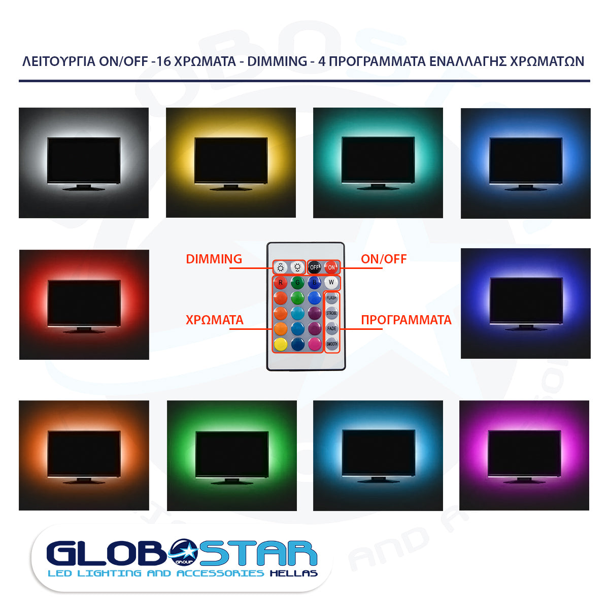 70406 Σετ Ταινία TV Kit LED RGB SMD 5050 2m (4x50CM) 14.4W/2m 60LED/2m 1454lm/2m 120° USB DC 5V Οπίσθιου Κρυφού Φωτισμού για Τηλεόραση με Ασύρματο Τηλεχειριστήριο Αδιάβροχο IP65 RGB