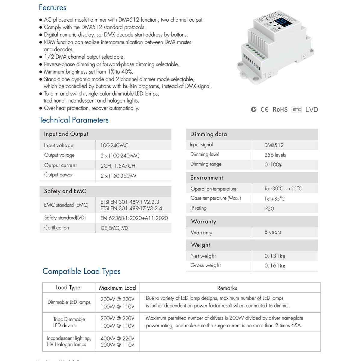 SKYDANCE-S1-DR 70670 AC Trailing Edge DMX Dimmer Ράγας με 2 x 1.5A 360W Κανάλια AC 220-240V 3A 720W Max IP20 - DMX512 & RDM - Μ11.5 x Π5 x Υ6.5