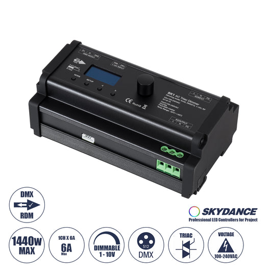 70674 SK1 SKYDANCE AC Triac DMX Dimmer Din Rail Ράγας 1 Καναλιού AC 100-240V 1 x 6A 1440W - Max 6A 1440W - IP20 DMX512 Μ16.8 x Π9.3 x Υ8cm