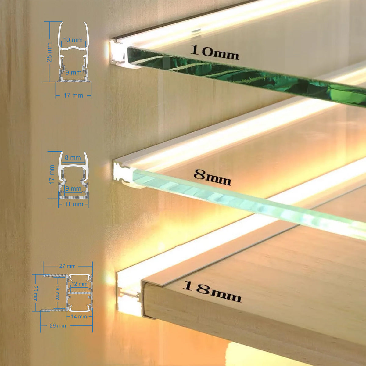 GLASSBOARD-PROFILE 70808-3M Προφίλ Αλουμινίου - Βάση & Ψύκτρα Ταινίας LED με Λευκό Γαλακτερό Κάλυμμα - Χρήση για Μοριακό Φωτισμό Γυαλιού Πάχους 8mm - Πατητό Κάλυμμα - Ασημί - 3 Μέτρα - Πακέτο 5 Τεμαχίων - Μ300 x Π1.1 x Υ1.7cm