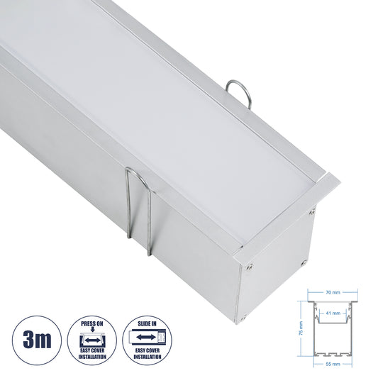 RECESS-PROFILE 70829-3M Προφίλ Αλουμινίου - Βάση & Ψύκτρα Ταινίας LED με Λευκό Γαλακτερό Κάλυμμα - Χωνευτή Χρήση - Πατητό Κάλυμμα - Ασημί - 3 Μέτρα - Μ300 x Π7.5 x Υ7cm