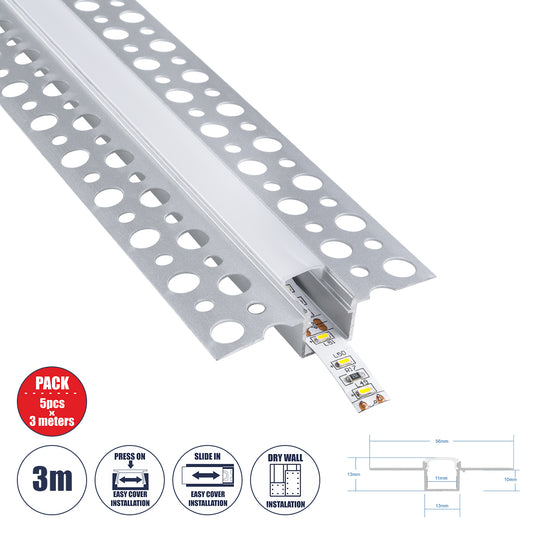 ALP-PLASTERIN GYPSO 70838-3M Χωνευτό Προφίλ Αλουμινίου Ειδικό για Γυψοσανίδα με Λευκό Γαλακτερό Πατητό Κάλυμμα για Ταινίες LED IP20 - Ασημί & Λευκό - Μ300 x Π5.6 x Υ1.3 - Πακέτο 5 Τεμαχίων