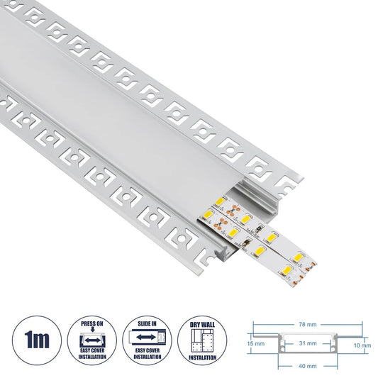 ALP-PLASTERIN GYPSO 70861-1M Χωνευτό Προφίλ Αλουμινίου Ειδικό για Γυψοσανίδα με Λευκό Γαλακτερό Πατητό Κάλυμμα για Ταινίες LED IP20 - Ασημί & Λευκό - Μ100 x Π7.8 x Υ1.4