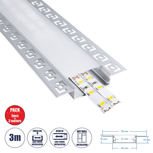 ALP-PLASTERIN GYPSO 70861-3M Χωνευτό Προφίλ Αλουμινίου Ειδικό για Γυψοσανίδα με Λευκό Γαλακτερό Πατητό Κάλυμμα για Ταινίες LED IP20 - Ασημί & Λευκό - Μ300 x Π7.8 x Υ1.4 - Πακέτο 5 Τεμαχίων