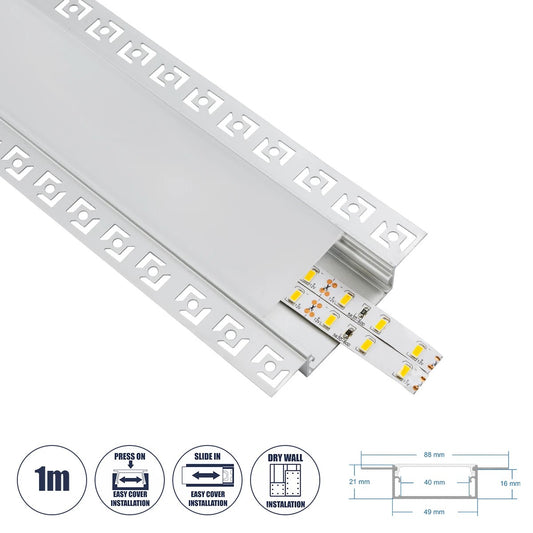 ALP-PLASTERIN GYPSO 70862-1M Χωνευτό Προφίλ Αλουμινίου Ειδικό για Γυψοσανίδα με Λευκό Γαλακτερό Πατητό Κάλυμμα για Ταινίες LED IP20 - Ασημί & Λευκό - Μ100 x Π8.8 x Υ2