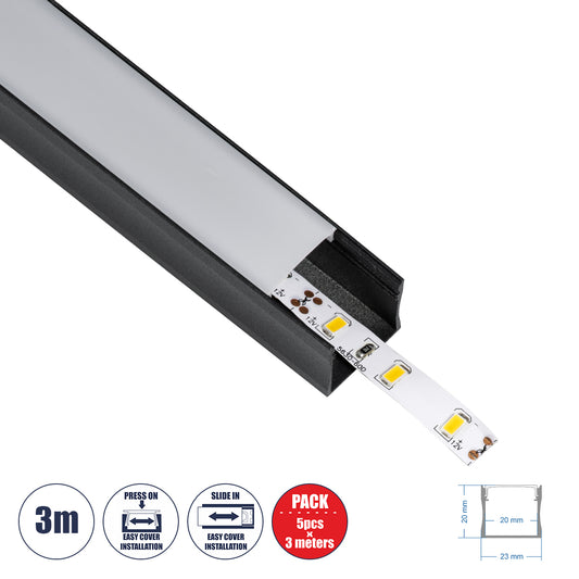ALP-LINEAR LIGHTLINE 70869-3M Επιφανειακό Προφίλ Αλουμινίου με Λευκό Γαλακτερό Πατητό Κάλυμμα για Ταινίες LED IP20 - Μαύρο & Λευκό - Μ300 x Π2.3 x Υ2 - Πακέτο 5 Τεμαχίων
