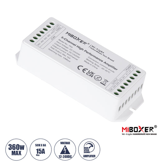 MiBOXER-PA5 71429 DC Ενισχυτής Ισχύος & Σήματος Υψηλής Ταχύτητας με 5 x 6A 144W Κανάλια DC 12-24V 15A 360W Max IP20 - Μ11.4 x Π4.9 x Υ2.8