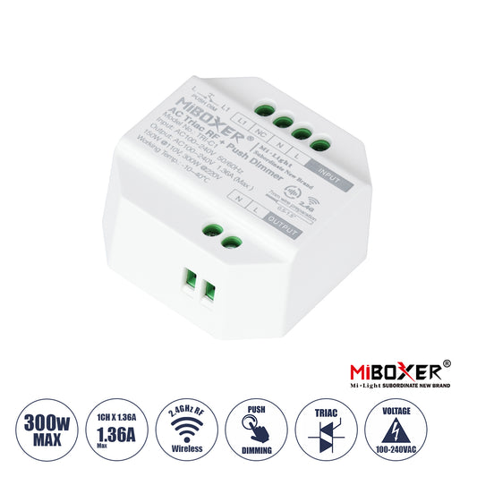 MiBOXER-TRI-C1 71432 AC Triac RF 2.4Ghz & Push Dimmer με 1 x 1.36A 300W Κανάλι AC 220-240V 1.36A 300W Max IP20 - RF 2.4Ghz & Push Dimming - Μ5 x Π5 x Υ2.3