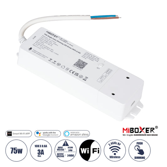 71437 WL1-P75V24 Mi-BOXER DC Smart Wifi & RF 2.4Ghz & Push Dimming Power Supply Τροφοδοτικό SELV & Controller / Dimmer All in One AC100-240V σε DC 24V 1 x 3A 75W - Max 3A 75W - IP20 Μ19 x Π5.5 x Υ3.2cm
