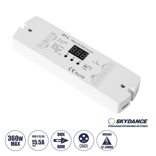 71446 D1-L SKYDANCE DC DMX & RDM Dimmer High Speed Controller / Decoder 1 Καναλιού DC 12-24V 1 x 15.5A 360W - Max 15.5A 360W - IP20 Μ17 x Π5 x Υ2.5cm