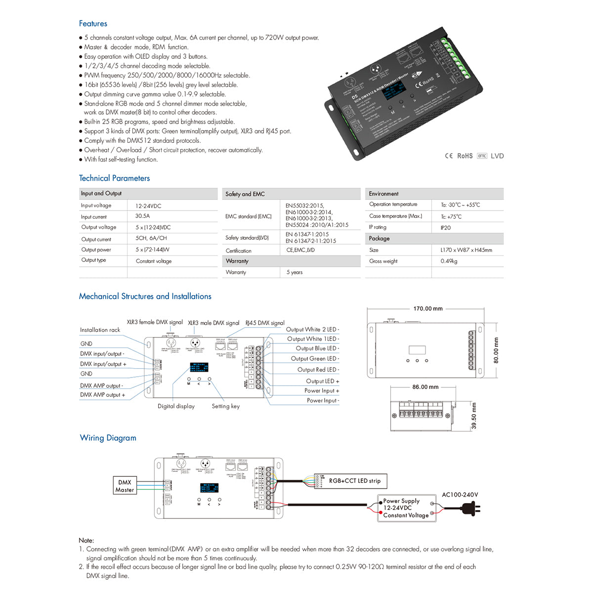 71448 D5 SKYDANCE DC DMX & RDM Dimmer High Speed Controller / Decoder 5 Καναλιών DC 12-24V 5 x 6A 144W - Max 30A 864W - IP20 Μ17 x Π8 x Υ4cm