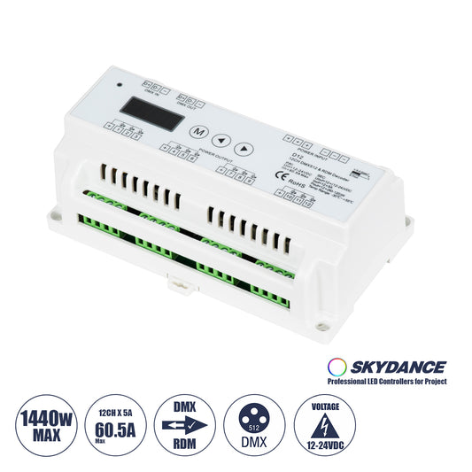 71449 D12 SKYDANCE DC DMX & RDM Dimmer Din Rail Ράγας High Speed Controller / Decoder / Master 12 Καναλιών DC 12-24V 12 x 5A 120W - Max 60.5A 1440W - IP20 Μ15.5 x Π9 x Υ6cm