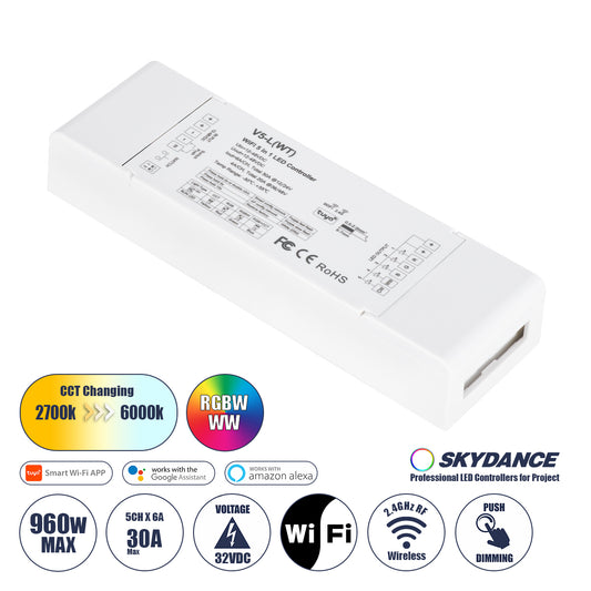 71470 V5-L SKYDANCE DC WiFi & RF 2.4Ghz Dimmer High Speed Controller 5 Καναλιών DC 12-48V 5 x 6A 288W - Max 30A 1440W - IP20 Μ18 x Π5.7 x Υ2.8cm