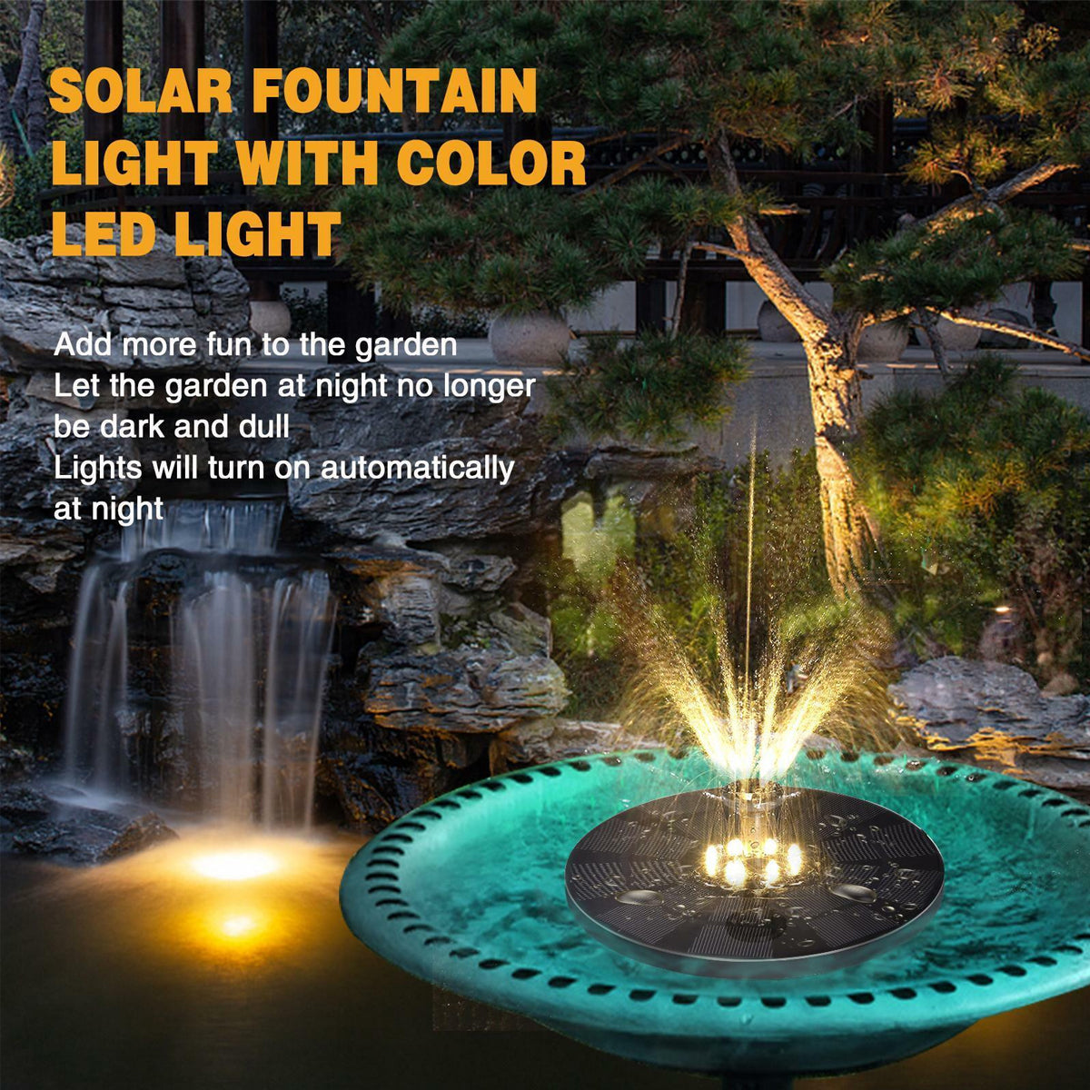 FOUNTAIN 71531 Διακοσμητικό Συντριβάνι LED 3W 120lm 120° DC 5V με Φωτοβολταϊκό Panel 5V 0.2W & Επαναφορτιζόμενη Μπαταρία Li-ion 3.2V 1500mAh Αδιάβροχο IP68 Θερμό Λευκό 2700K - Sanan Diode Chip - Μαύρο - 4 Μπέκ Ψεκασμού - Μ18 x Π18 x Υ8