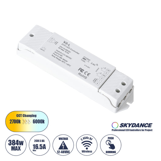 71565 V2-L SKYDANCE DC RF 2.4Ghz Dimmer High Speed Controller & Push Dimming 2 Κανάλια DC 12-48V 2 x 8A 384W - Max 16.5A 384W - IP20 Μ17.5 x Π4.5 x Υ2.5cm