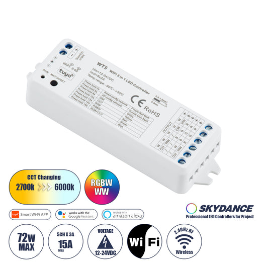 73010 WT5 SKYDANCE DC WiFi & RF 2.4Ghz Dimmer High Speed Controller 5 Καναλιών DC 12-24V 5 x 3A 72W - Max 15A 360W - IP20 Μ10 x Π4 x Υ2cm
