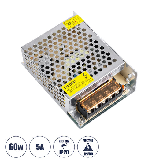 73033 Μεταλλικό Τροφοδοτικό PELV για Προϊόντα LED 60W 5A - AC 220-240V σε DC 12V - IP20 - Μ11 x Π8 x Υ3.5cm