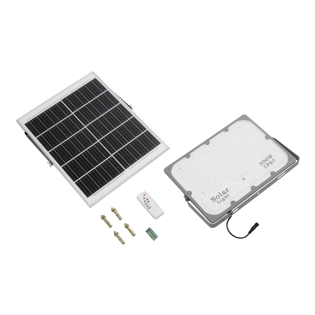 LUMOVOX 73069 Προβολέας LED 300W 15000lm 120° DC 5V με Φωτοβολταϊκό Panel 5V 20W & Επαναφορτιζόμενη Μπαταρία Li-ion 3.2V 15000mAh Αδιάβροχο IP67 Ψυχρό Λευκό 6000K - 360 x SMD2835 Sanan Chip - Γκρι Ανθρακί - Μ37 x Π7.5 x Υ27