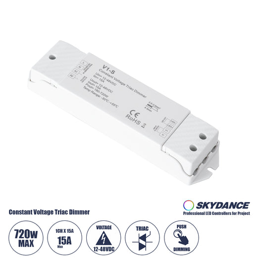 SKYDANCE-V1-S 73135 DC Triac & Push Dimmer CV Τροφοδοτικό/Μετασχηματιστής SELV με 1 x 15A 720W Κανάλι AC 220-240V σε DC 12-48V 15A 720W Max IP20 - Triac & Push Dimming - Μ17.5 x Π4.5 x Υ2.5