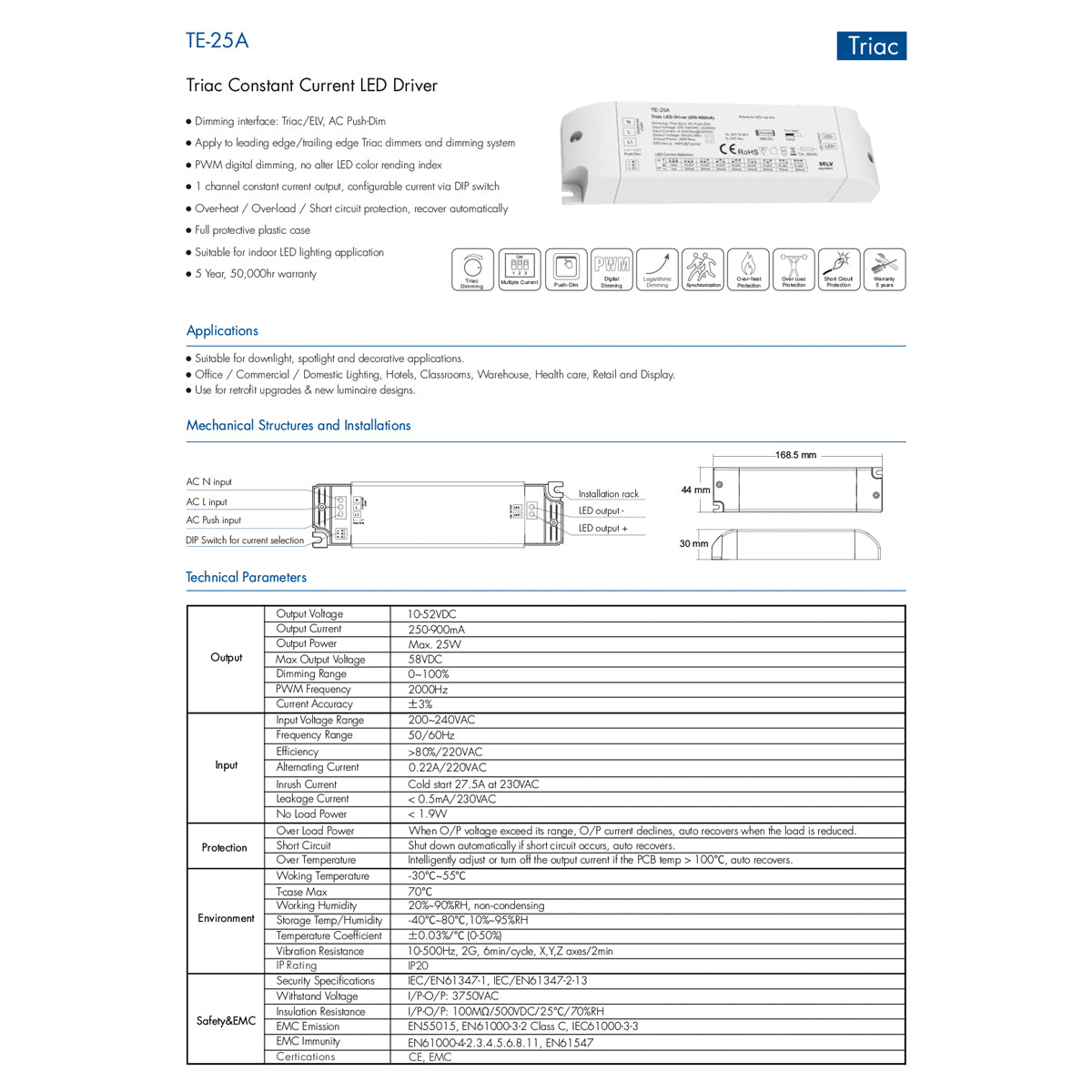 SKYDANCE-TE-25A 73134 DC Triac & Push Dimmer CC Τροφοδοτικό/Μετασχηματιστής SELV με 1 x 250-900mA 25W Κανάλι AC 220-240V σε DC 10-52V 900mA 25W Max IP20 - Triac & Push Dimming - Μ17.5 x Π4.4 x Υ3