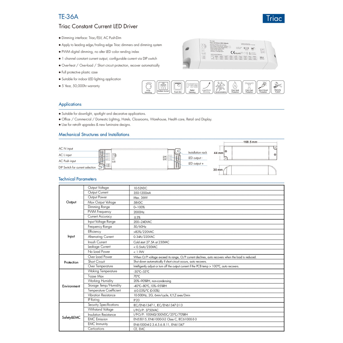 SKYDANCE-TE-36A 73135 DC Triac & Push Dimmer CC Τροφοδοτικό/Μετασχηματιστής SELV με 1 x 320-1200mA 36W Κανάλι AC 220-240V σε DC 10-52V 1200mA 36W Max IP20 - Triac & Push Dimming - Μ17.5 x Π4.4 x Υ3