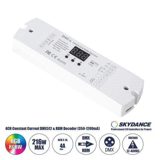 73146 D4C-L SKYDANCE DC DMX512 Constant Current & RDM Decoder 4 Καναλιών DC 12-48V 4 x 1A 54W - Max 4A 216W - IP20 Μ17 x Π5 x Υ2.5cm