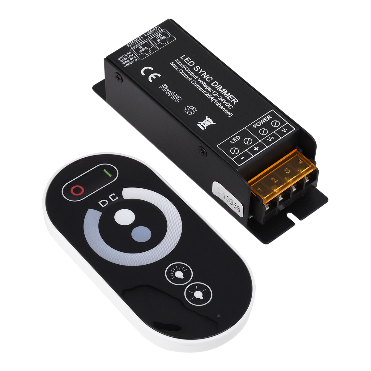 DIMMERIO 73312 Σετ Dimmer με RF Ασύρματο Χειριστήριο με 1 x 25A 600W Κανάλι DC 12-24V 25A 600W Max IP20 - RF2.4Ghz SYNC - Μ12.8 x Π4.1 x Υ3.4