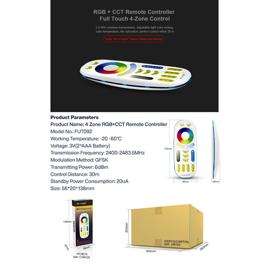 73434 FUT092 Mi-Light Ασύρματο Χειριστήριο Αφής RF 2.4Ghz 4 Group για όλα τα RGBW+WW Mi-BOXER Controller DC 3V 2 x AAA - IP20 Λευκό - Μ13.7 x Π5.5 x Υ2cm