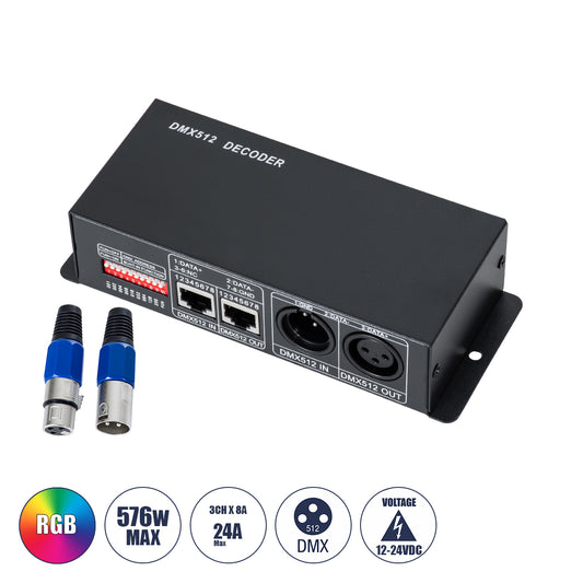 RGBCONTROLLER 73490 DC DMX Master Dimmer / Controller / Decoder Υψηλής Ταχύτητας με 3 x 8A 192W Κανάλια DC 12-24V 24A 576W Max IP20 - DMX512 & RDM - Μ16 x Π9 x Υ6