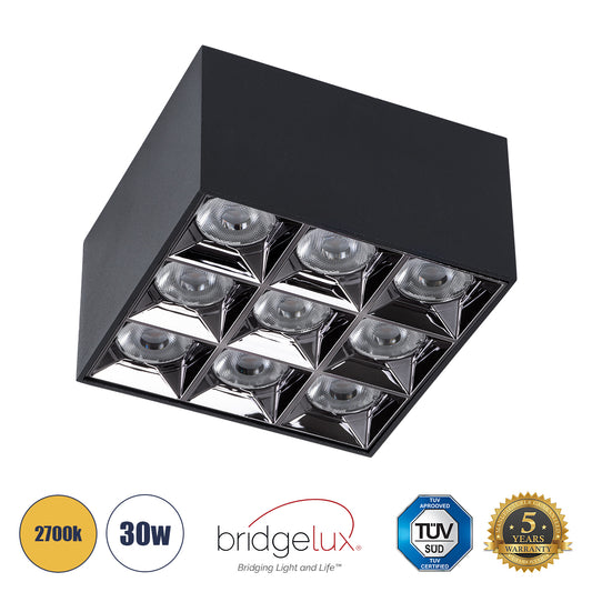 LUMINAR SUPERIOR 60337 Επιφανειακό LED Spot Downlight TrimLess 30W 4050lm 36° AC 220-240V IP20 Μ12 x Π12 x Υ6.6cm - Μαύρο με Κάτοπτρο Χρωμίου - Θερμό Λευκό 2700K - Bridgelux High Lumen Chip Gen2 - TÜV Certified Driver