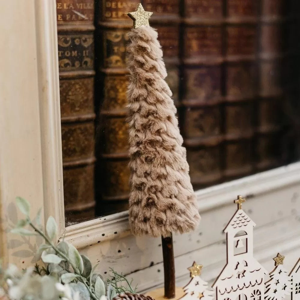 Έλατο με Γούνα Ταμπά σε Ξύλινη Βάση και Αστέρι με Χρυσό Γκλίτερ 7x7x33