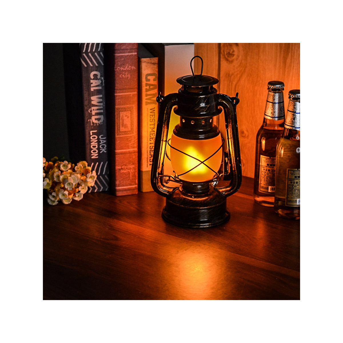 76547 Vintage Επιτραπέζιο Διακοσμητικό Φωτιστικό LED Retro Μπρούτζινο Φαναράκι Flame Effect 10W 500lm Επαναφορτιζόμενο με Διακόπτη On/Off & Καλώδιο Πρίζα Σούκο - Μπαταρίας 2x18650 4000Mah (Περιλαμβάνονται) Ultra Θερμό Λευκό 1800K