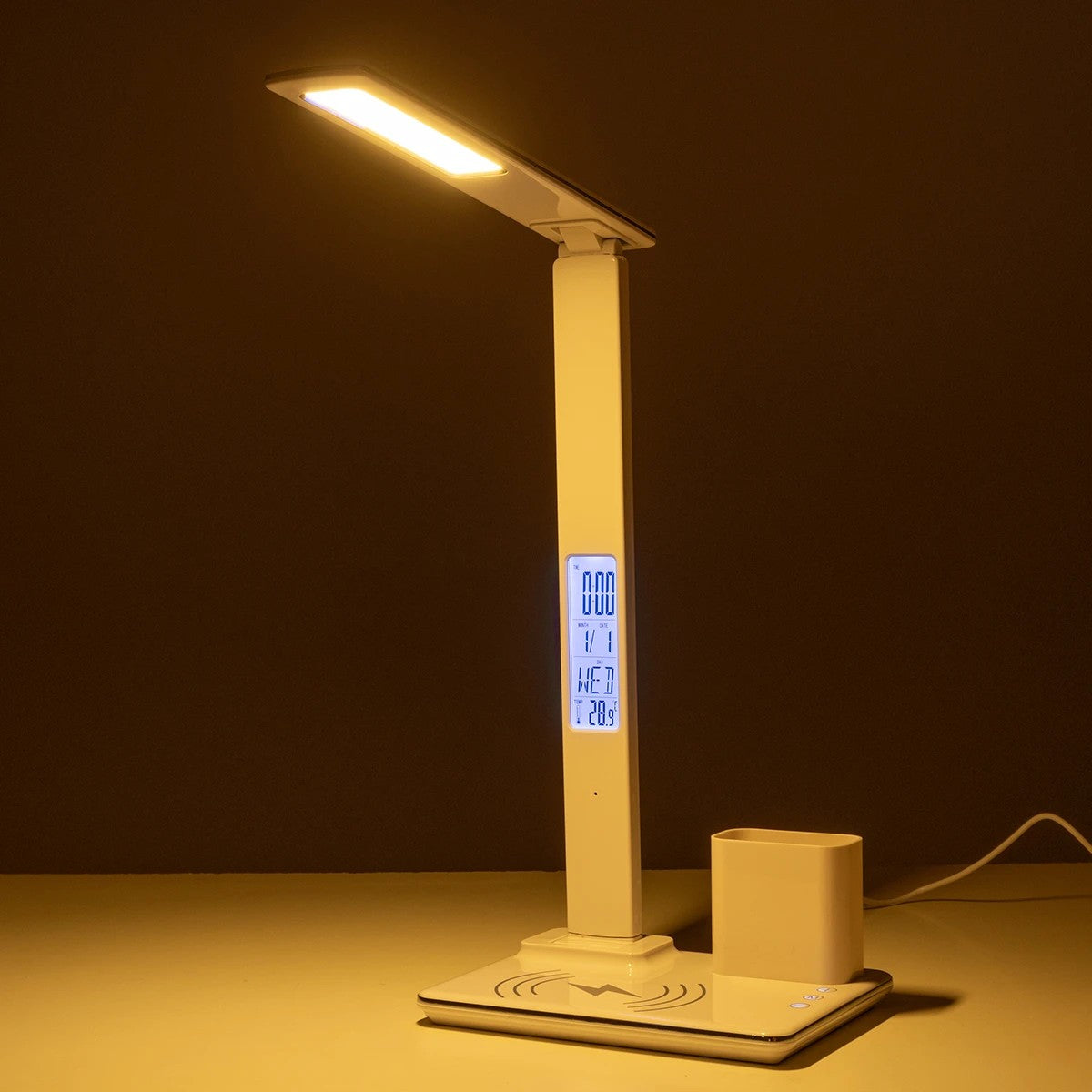 ZENTIME 76554 Μοντέρνο Επιτραπέζιο Φωτιστικό Γραφείου με Ασύρματη Φόρτιση 15W 3A & Ψηφιακό Ρολόι LED 3.5W 350lm 120° DC 5V με USB-C IP20 Ρυθμιζόμενο Λευκό CCT με Αφή 2700K/4500K/6000K Dimmable - Sanan SMD Chip - Μαύρο - Μ19.5 x Π14.5 x Υ38.8