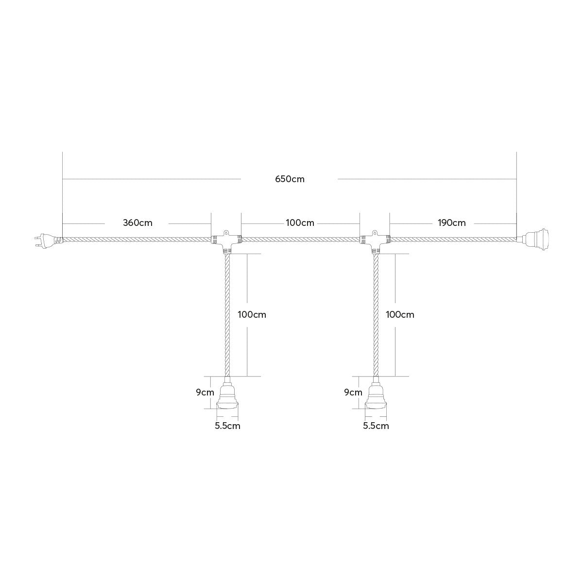 WHIP 77676 Μοντέρνο DIY Φωτιστικό με Υφασμάτινο Καλώδιο, Ντουί 3 x E27, Διακόπτη On/Off & Πρίζα AC 220-240V IP20 - Μπεζ & Μαύρο - Μ650 x Π5.5 x Υ100
