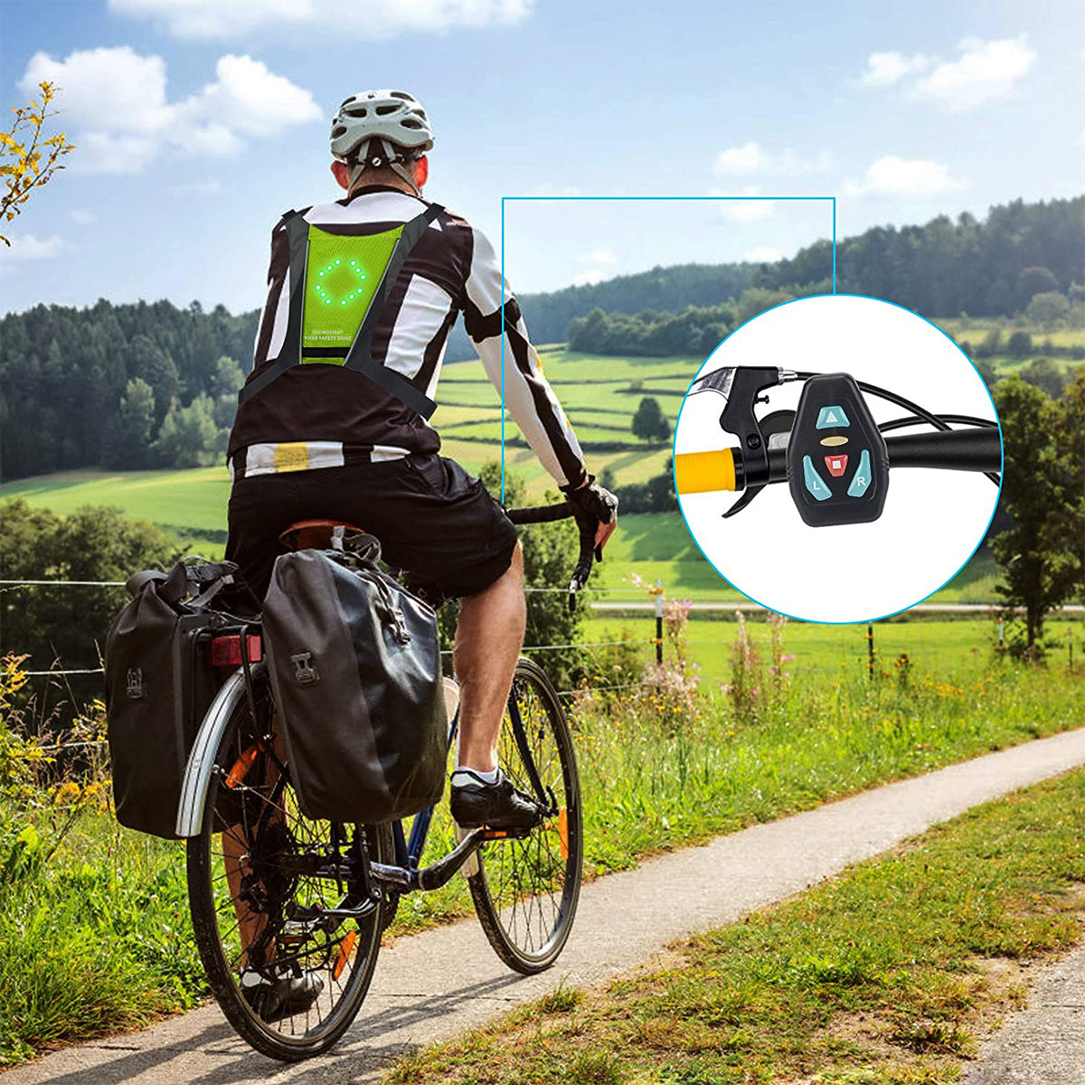 79070 Γιλέκο Ασφαλείας Φωσφοριζέ Αντανακλαστικό για Ποδηλάτες & Runners με Φωτεινή Σήμανση LED - Ενσωματωμένη Μπαταρία 650mAh DC 5V Επαναφορτιζόμενο με Καλώδιο Τροφοδοσίας USB & Ασύρματο Χειριστήριο - Μαύρο & Λαχανί Φωσφοριζέ Αδιάβροχο IP65