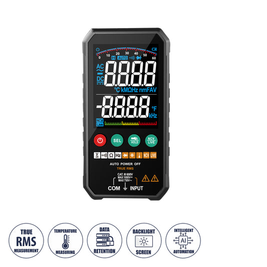 79976 Ψηφιακό Φορητό Πολύμετρο Data Retantion True RMS Intelligent Automation AI Μπαταρίας 2 x AAA (Δεν Περιλαμβάνονται) με Οπίσθιο Φωτισμό Μετρητής Τάσης AC/DC - Θερμοκρασία - Αμπερόμετρο - Voltmeter - Καπασιτόμετρο - Ohm - Μαύρο