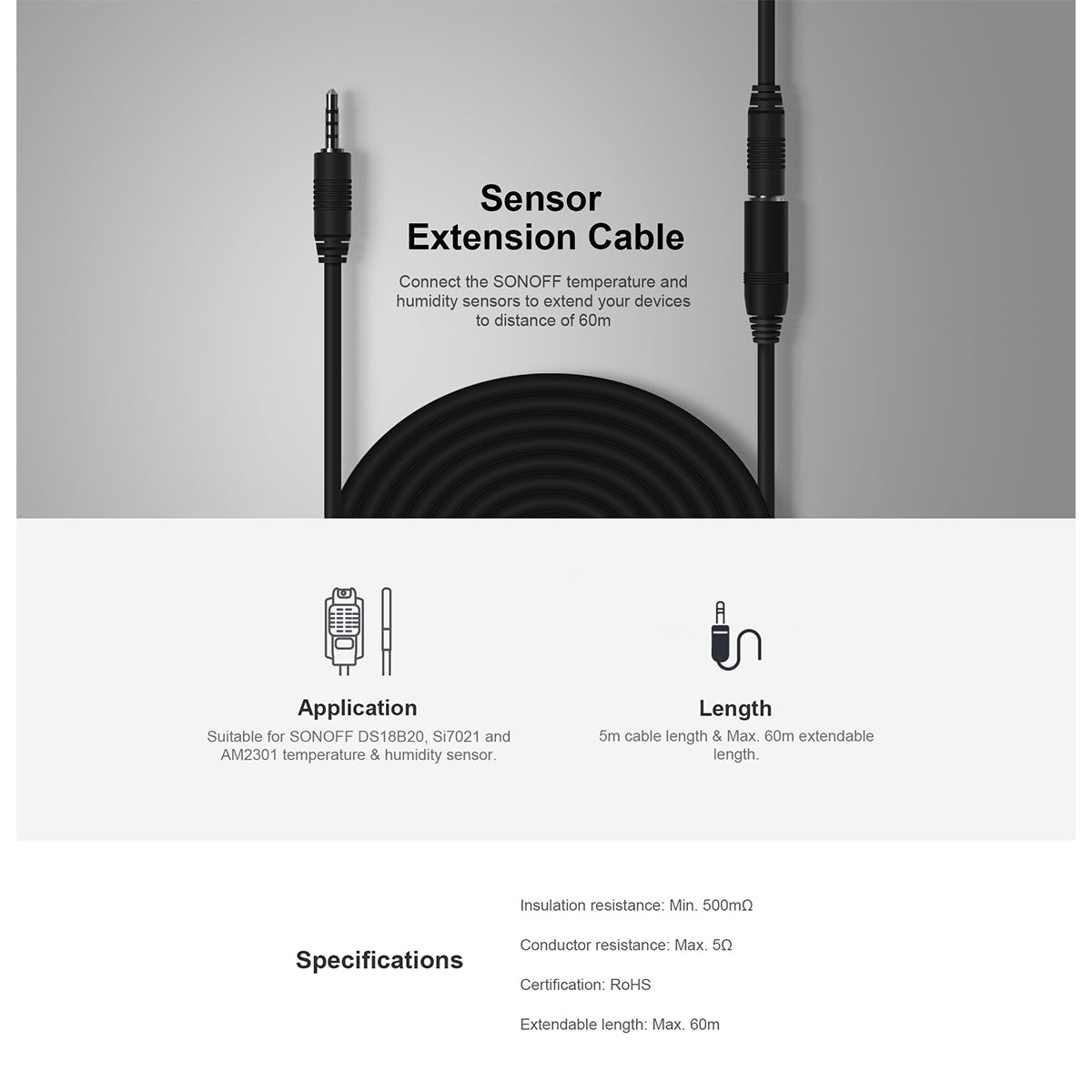 80038 SONOFF AL560-R2 - 5M Sensor Extension Cable for DS18B20 & Si7021 & MS01 Models