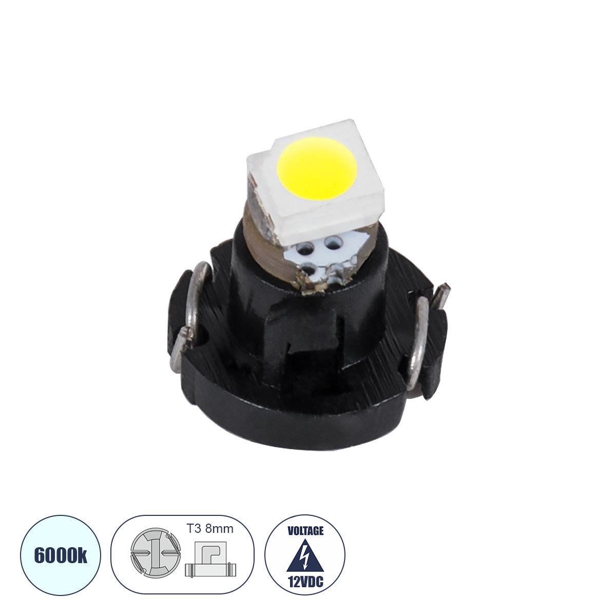 T3 81001 Λάμπα T3 8mm B8.5d LED 0.12W 30lm 120° DC 12V IP20 Ψυχρό Λευκό 6000K - 1 x Epistar SMD1210 Chip - Μ0.8 x Π0.8 x Υ0.7