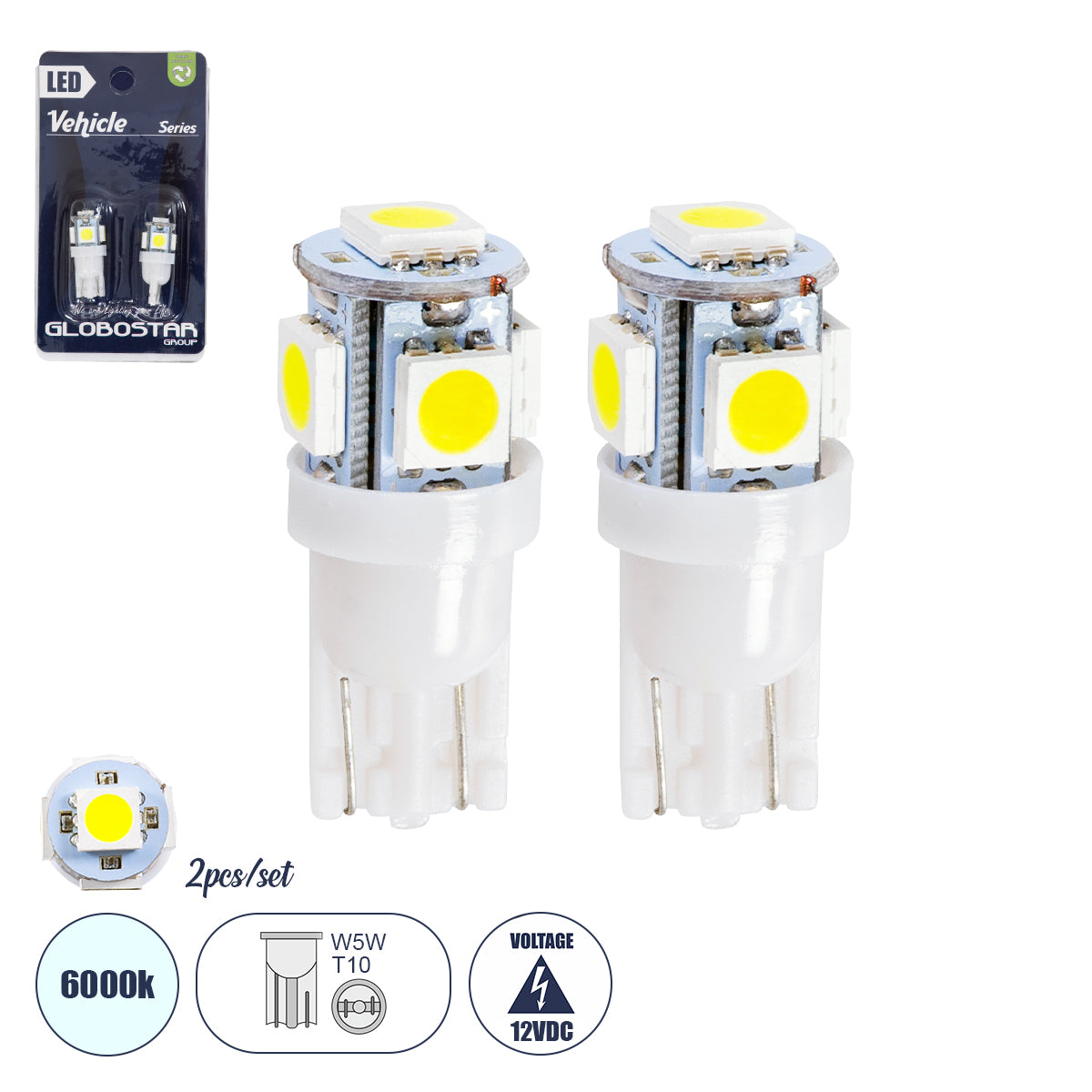 W5W-T10 81050-B Λάμπα W5W T10 LED 0.6W/1.2W 110lm/220W 360° DC 12V IP20 Ψυχρό Λευκό 6000K - 5 x Epistar SMD5050 Chip - Μ1.2 x Π1.2 x Υ2.7 - Πακέτο Blister 2 Τεμαχίων
