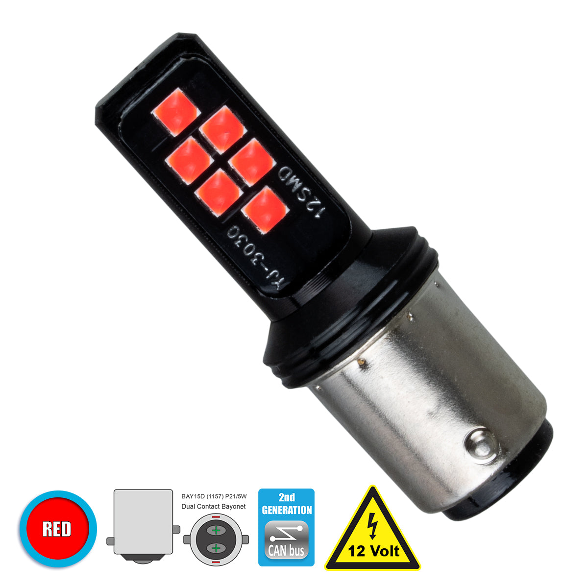 P21/5W-1157 81249 Λάμπα P21/5W 1157 BAY15D CANbus LED 8W 1200lm 360° DC 12V IP20 Κόκκινο - 12 x Epistar SMD3030 Chip - Μ1.8 x Π1.8 x Υ5