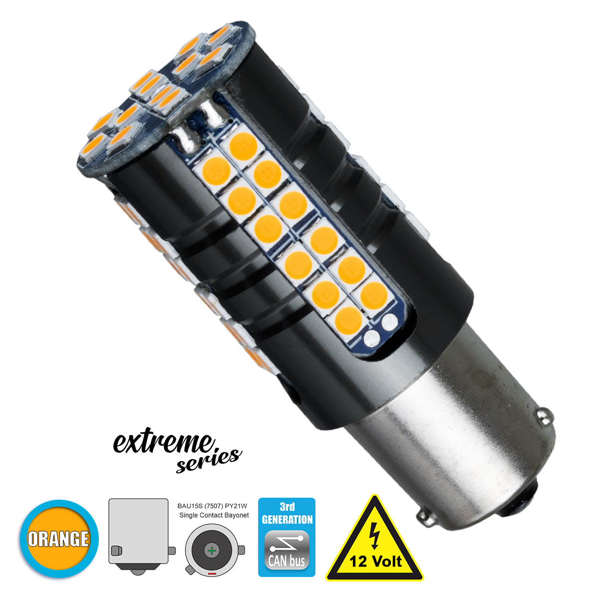 PY21W-1156 81253 Bulb PY21W 1156 BAU15S CANbus LED 19W 2100lm 360° DC 12V IP20 Orange - 66 x Epistar SMD3030 Chip - L2.1 x W2.1 x H5.6