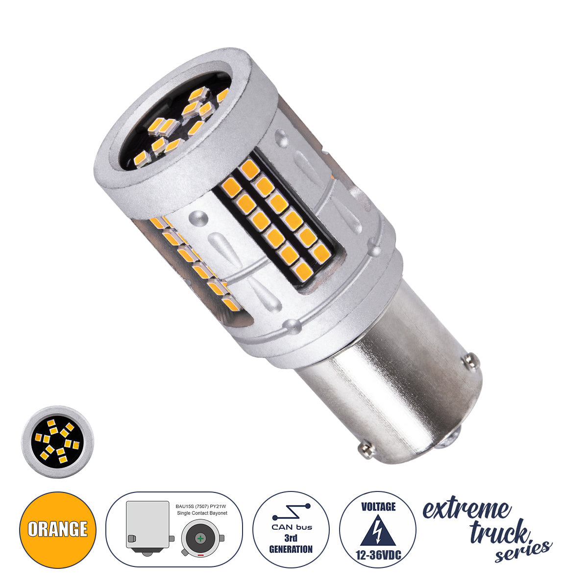 PY21W-1156 81279 Λάμπα PY21W 1156 BAU15S CANbus LED 7W 1325lm 360° DC 12-36V IP20 Πορτοκαλί - 84 x Epistar SMD2016 Chip - Μ2 x Π2 x Υ5