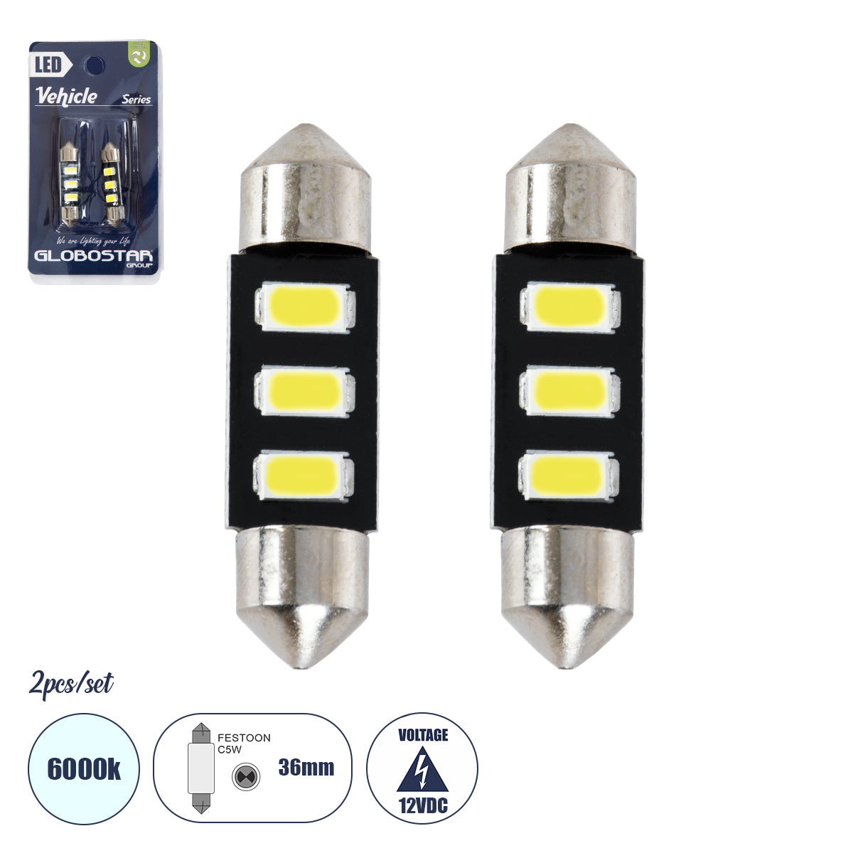 C5W 81302-B Σωληνωτή Λάμπα C5W 36mm LED 0.4W/0.8W 60lm/120lm 120° DC 12V IP20 Ψυχρό Λευκό 6000K - 3 x Epistar SMD5630 Chip - Μ3.6 x Π0.9 x Υ0.9