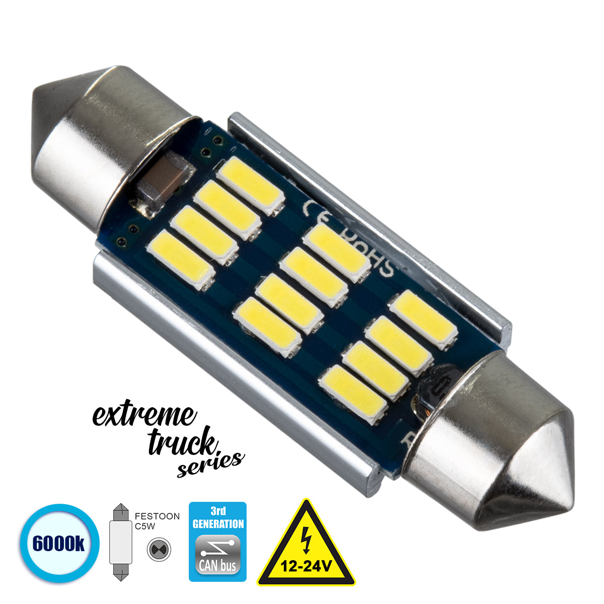 C5W 81330 Σωληνωτή Λάμπα C5W 39mm CANbus LED 4W 400lm 120° DC 12-24V IP20 Ψυχρό Λευκό 6000K - 12 x Epistar SMD4014 - Μ3.9 x Π1.2 x Υ1.2