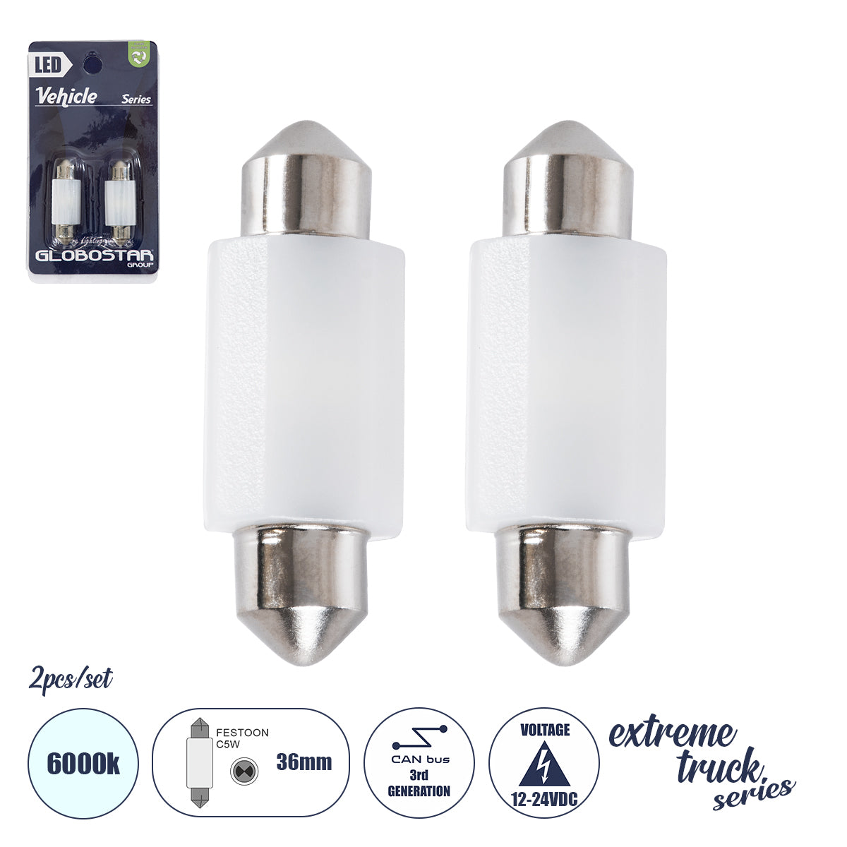 C5W 81333-B Σωληνωτή Λάμπα C5W 36mm CANbus LED 1.9W/3.8W 285lm/570lm 120° DC 12-24V IP20 Ψυχρό Λευκό 6000K - 2 x Epistar SMD3030 Chip - Μ3.6 x Π1.2 x Υ1