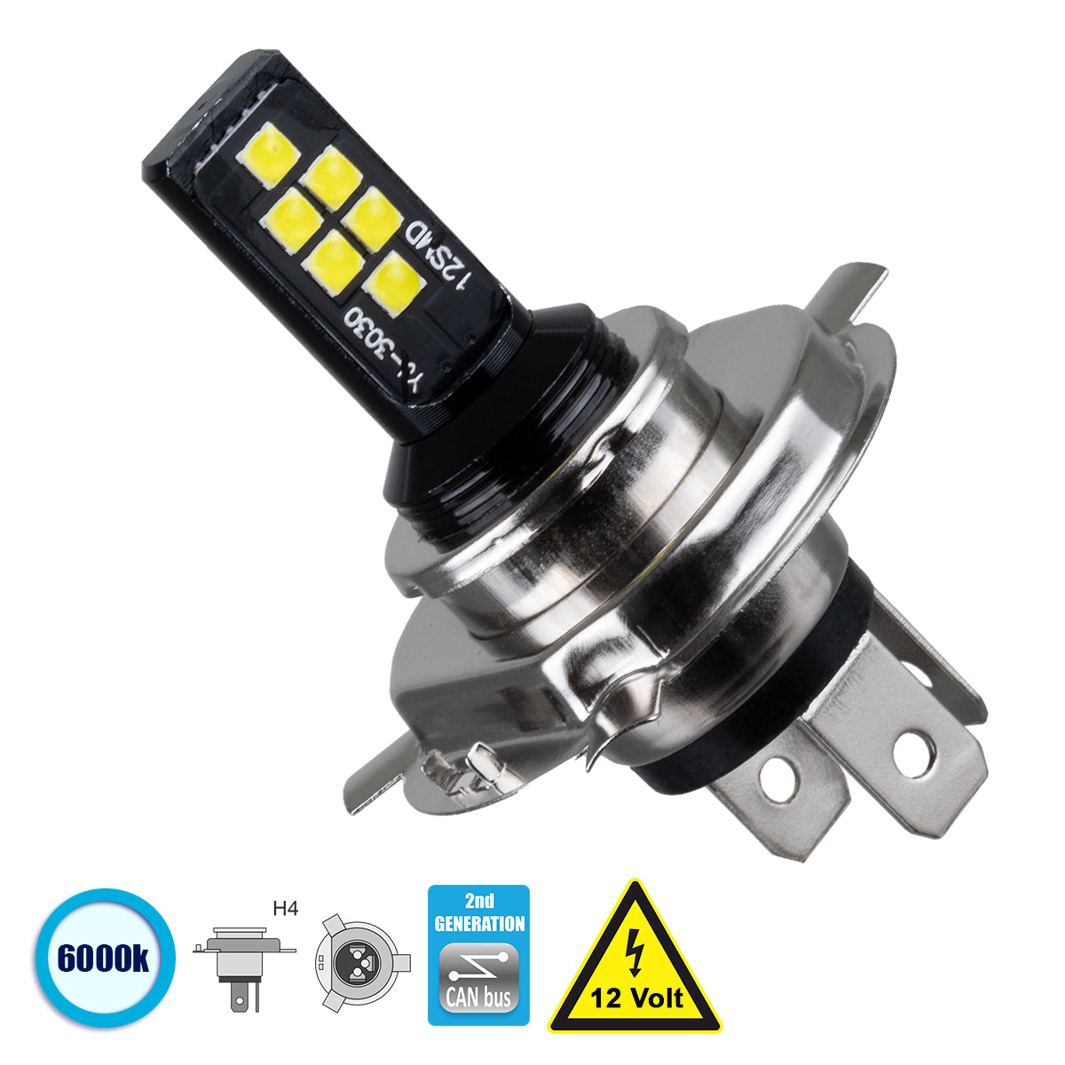H4 81446 Λάμπα H4 CANbus LED 8W 1200lm 360° DC 12V IP20 Ψυχρό Λευκό 6000K - 12 x Epistar SMD3030 Chip - Μ4.7 x Π4.7 x Υ6.6