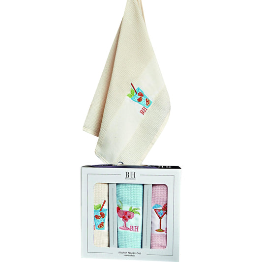 Ποτηρόπανα Σετ 3 Τμχ Cocktail Art 8286 40x60εκ Εκρού-Σιέλ-Ροζ