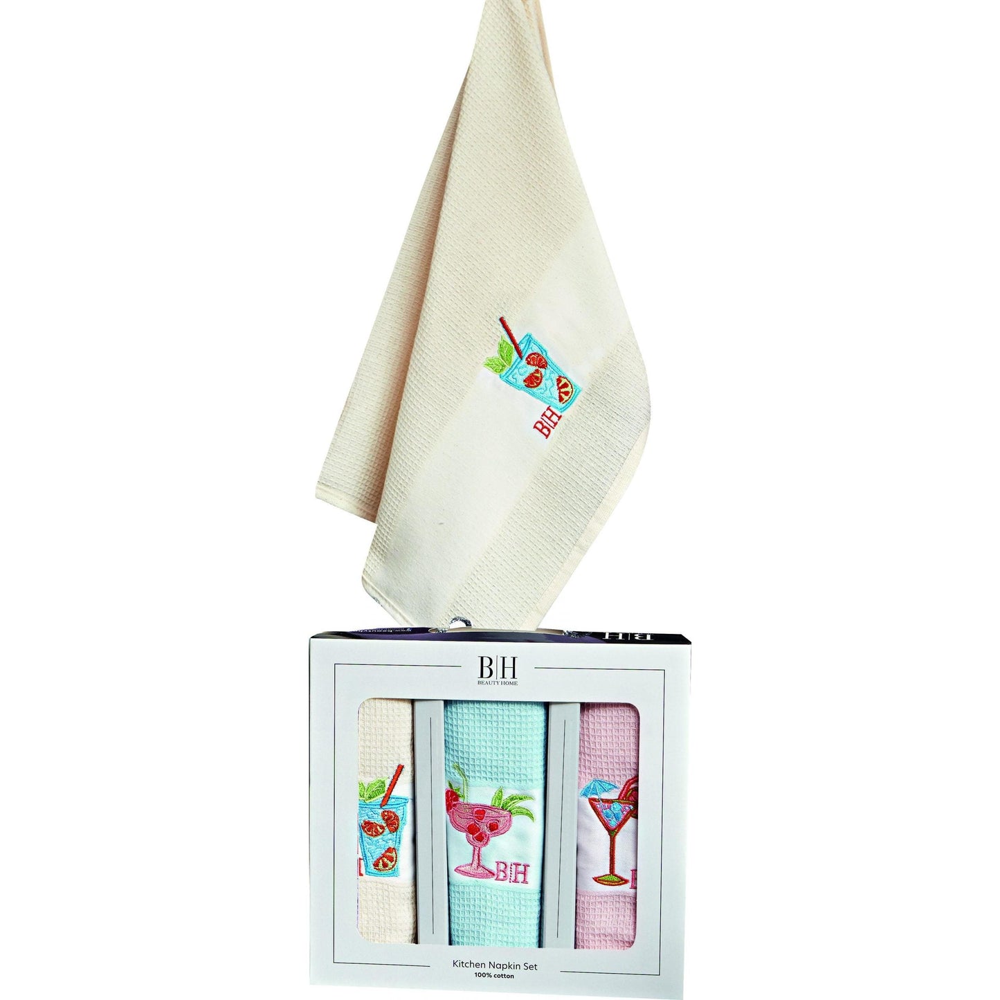 Ποτηρόπανα Σετ 3 Τμχ Cocktail Art 8286 40x60εκ Εκρού-Σιέλ-Ροζ