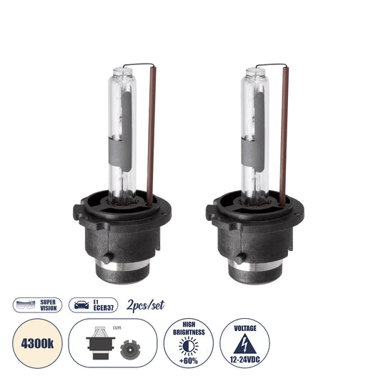 HID 84025 Λάμπα Xenon D2R Super Vision Υψηλής Φωτεινότητας +60% CANbus E1 ECER37 55W/110W 5000lm/10000lm 360° DC 12-24V Αδιάβροχο IP65 Φυσικό Λευκό 4300K - Μ3.2 x Π3.2 x Υ7.5 - Πακέτο 2 Τεμαχίων
