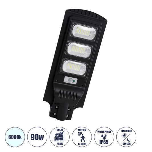STREETB 85343 Φωτιστικό Δρόμου LED 90W 4500lm 120° DC 5V με Ενσωματωμένο Φωτοβολταϊκό Panel 6V 12W & Επαναφορτιζόμενη Μπαταρία Li-ion 3.2V 12000mAh με Αισθητήρα Κίνησης-Ημέρας-Νύχτας Αδιάβροχο IP65 Ψυχρό Λευκό 6000K - Μαύρο - Μ24 x Π63 x Υ6